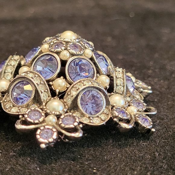 Joan Rivers Silver Dome Brooch w/ Purple, Clear Rhinestones and Faux Pearls - Picture 4 of 6